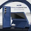 A blue phone case is shown in two configurations: closed and open with a stand. Text describes its features. Anteprima dell’immagine prodotto