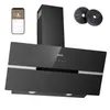 A black angled kitchen hood with a glass front and a smartphone displaying controls. Produktbild-Vorschau
