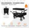 A black and grey handcart with a canopy and a storage bag is shown from a slightly angled front view. The product is displayed on a light grey and white background with text and icons highlighting its features. Náhled obrázku produktu