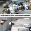 A split image showing a detailed view of a motor and a person using a pressure washer on a car. Produktbild-Vorschau