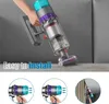 A hand holding a vacuum cleaner, with close-up illustrations of its parts and usage. Produktbild-Vorschau