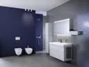 A modern bathroom with a dark blue accent wall, a white toilet and bidet, and a white vanity with a mirrored cabinet. Anteprima dell’immagine prodotto