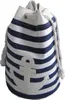 A nautical-themed laundry bag with navy blue and white stripes and a white anchor emblem. Produktbild-Vorschau