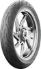 A close-up studio shot of a motorcycle tire mounted on a silver rim, isolated on a white background. Anteprima dell’immagine prodotto