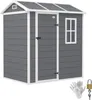 A gray plastic shed with white trim and a transparent roof is shown against a white background. Accessories like gloves and a padlock are placed in the bottom right corner. Produktbild-Vorschau