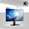 A computer monitor is displayed on a white pedestal, with a graphic overlay showing a sun icon and contrast ratios. Produktbild-Vorschau