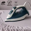 An iron is shown on a wrinkled bed sheet, with marketing icons and text in the background. Produktbild-Vorschau