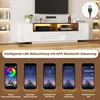 Collage of a modern TV stand with LED lighting and screenshots of a smartphone app for controlling the lights. Produktbild-Vorschau