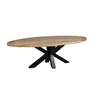 A studio shot of an oval wooden dining table with a black, star-shaped base. Voir les images du produit