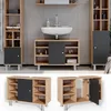 A bathroom vanity unit with a sink and storage cabinets, shown from the front and a separate view of the cabinet doors open. Náhled obrázku produktu
