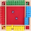 A top-down view of a wooden dice board game with a red felt playing surface, surrounded by numbered tiles and dice. Náhled obrázku produktu