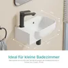 A wall-mounted ceramic sink with a dark gray faucet, shown with dimensions indicated by lines and numbers. Produktbild-Vorschau