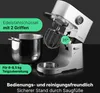 A close-up promotional image of a silver stand mixer with text overlays highlighting features. Náhled obrázku produktu