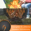A fire pit with logs burning, with an illustration of airflow and text overlays highlighting features. Produktbild-Vorschau