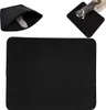 A collage of images showing a black honeycomb-patterned cat litter mat, including a close-up of the mat's texture, a cat using a litter box with the mat underneath, and a view of the mat's underside catching litter. Náhled obrázku produktu