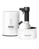A white cylindrical container with the brand name "IGGI" and a line drawing of a steam iron, next to a white and black steam iron device with a black ribbed handle, resting on a white circular base with the brand name "LAURASTAR" printed on it. Anteprima dell’immagine prodotto