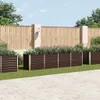 A row of brown planter boxes filled with plants, set against a wooden fence and a paved patio. Produktbild-Vorschau