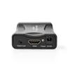 The back view of a black SCART to HDMI converter with ports and labels. Voir les images du produit