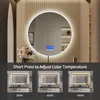 A circular LED mirror with a digital display, set against a textured wall. Below are three smaller images showcasing different color temperatures of a rectangular mirror. Náhled obrázku produktu