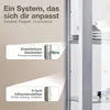 A close-up view of a display cabinet, with marketing text overlays highlighting features. Produktbild-Vorschau