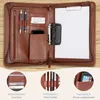An open brown leather conference folder is shown, displaying its various compartments and contents, with close-up insets highlighting specific features. Náhľad obrázku produktu