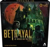 The image shows the box art for a board game titled 'Betrayal at House on the Hill'. It features a spooky mansion under a large red moon with silhouettes of people approaching it. Produktbild-Vorschau