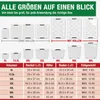 A chart displaying different sizes of storage boxes with their corresponding dimensions and weight capacities. Produktbild-Vorschau