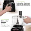 A close-up of a food processor with text overlays highlighting its features. Produktbild-Vorschau