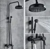 A collage of images showing a black retro-style shower system with a rain showerhead and handheld showerhead, demonstrating water flow. Produktbild-Vorschau