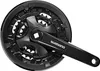 A black bicycle crankset with three chainrings is shown against a white background. Anteprima dell’immagine prodotto
