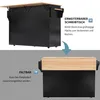 A two-part image showing a black kitchen island with a wooden countertop. The top part shows the island with an extended countertop and text describing it as an 'expandable desk'. The bottom part shows the island in a folded state with text indicating it c Voir les images du produit