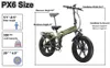 A diagram showing the dimensions and specifications of an electric bicycle, with callouts for rider height, load capacity, tire size, handlebar width, and handlebar to ground height. Produktbild-Vorschau