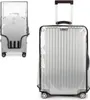 Two images of a transparent suitcase cover on a silver suitcase. The left image shows the back of the suitcase with the cover, and the right image shows the front of the suitcase with the cover. Anteprima dell’immagine prodotto