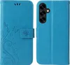 A blue flip cover phone case with a floral and butterfly embossed design is shown from the front and back. Produktbild-Vorschau