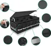 A black car trunk organizer with multiple compartments and pockets, shown with callouts highlighting its features. Náhled obrázku produktu
