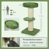 A diagram showing the dimensions of a cat tree, with a human silhouette for scale, and a close-up of a platform. A cat is also shown in a separate inset. Produktbild-Vorschau