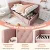 A pink corner bed with storage is shown in a room setting with a dresser and a rug. Close-up shots highlight the backrest, button molding, and corner structure. Produktbild-Vorschau