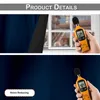 A split image showing a close-up of a dark blue curtain and a hand holding a sound meter near a window in the top half, and a hand holding a sound meter in a dark blue background in the bottom half. Produktbild-Vorschau