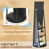 A black jewelry cabinet with shelves and a mirror, shown with a close-up inset of its rotating base. Produktbild-Vorschau