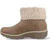 A side view of a taupe boot with a cream knitted cuff. Voir les images du produit