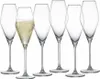 A set of six clear champagne flutes, with one flute filled with champagne. Anteprima dell’immagine prodotto