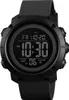 A close-up, front-facing studio shot of a black digital sports watch with a black strap. Produktbild-Vorschau