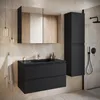 A modern black bathroom vanity set with a sink, drawers, a medicine cabinet, and a tall storage cabinet, set against a tiled wall. Produktbild-Vorschau