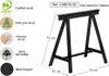 A black wooden sawhorse with dimensions and material information displayed on the left. Podgląd zdjęcia produktu