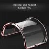 A transparent phone case with a rose gold trim is bent to show its flexibility. Produktbild-Vorschau