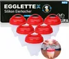 A set of silicone egg cooker pods with red lids and a detail shot of a hand cracking an egg into one. Produktbild-Vorschau