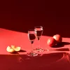 Two shot glasses filled with clear liquid, two apple slices, and two apples are arranged on a red surface with dramatic lighting. Náhľad obrázku produktu