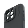 A close-up view of the back of a black iPhone case with a textured finish, showing the camera lens area with multiple circular cutouts and embossed text on the side. Podgląd zdjęcia produktu