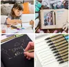 A collage of four images showing metallic marker pens being used by a child, in a scrapbook, and on black paper, with a close-up of the pens and their writing. Produktbild-Vorschau