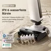 A close-up marketing image of a floor cleaner's brush head with water splashing around it, highlighting its IPX-6 waterproof feature. Text overlays describe product features and certifications. Produktbild-Vorschau